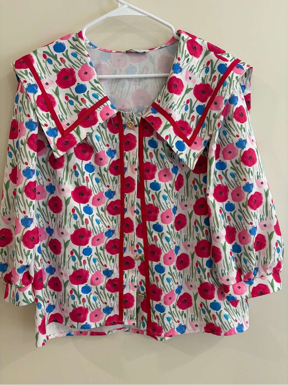 Women's Floral Button-Down Top with Statement Collar - Pink & Blue